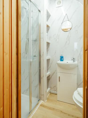 a bathroom with a shower and a toilet and a sink at Sunset Retreats The Ice Viking in Worcester