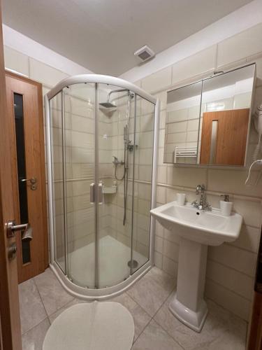 a bathroom with a glass shower and a sink at Penzion 4 Dvory in České Budějovice