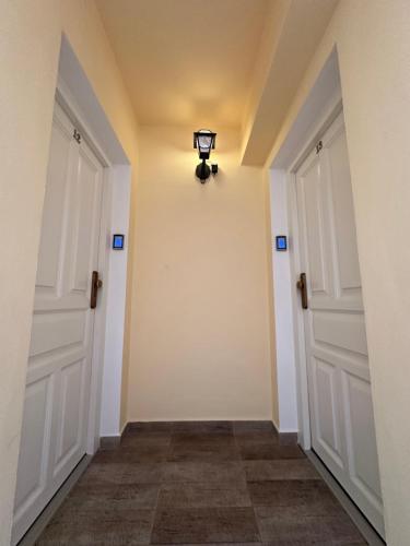 an empty hallway with two doors and a lamp at Penzion 4 Dvory in České Budějovice