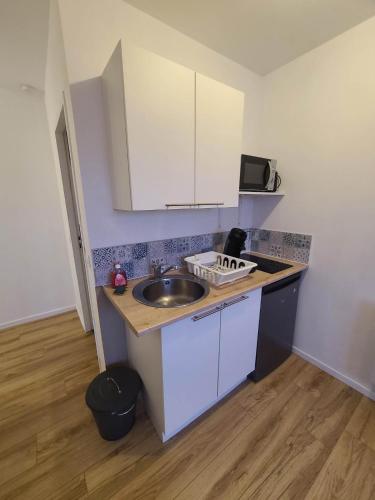 une petite cuisine avec un évier et un micro-ondes dans l'établissement Studio tout equipé, à Nantes