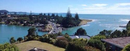 arial view of a river with a street and a road at The Beach Pad in Auckland