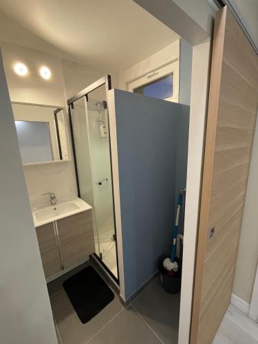 une petite salle de bain avec un lavabo et un miroir dans l'établissement Studio, à Saint-Gratien