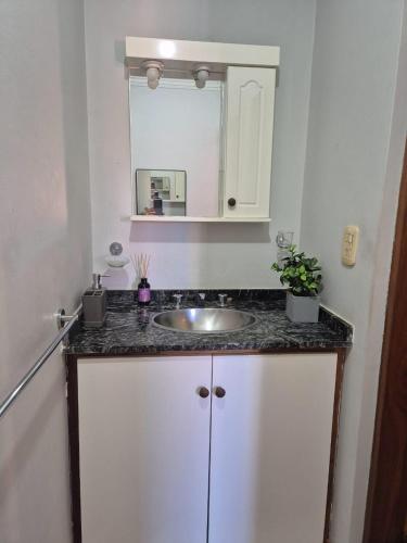 a bathroom counter with a sink and a mirror at LUMINOSO Y COMPLETO DEPARTAMENTO CENTRO Villa Carlos Paz in Villa Carlos Paz