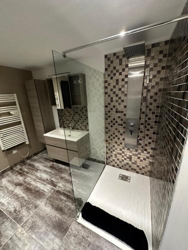une salle de bain avec douche et lavabo dans l'établissement Appartement rez de chaussée 4 personnes 2 chambres avec parking, à Coudekerque-Branche
