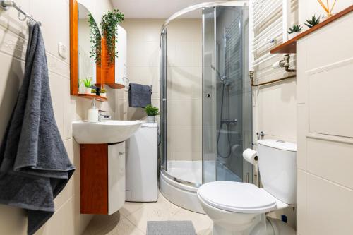 a bathroom with a shower and a toilet and a sink at Old Town Heaven Apartment in Gdańsk