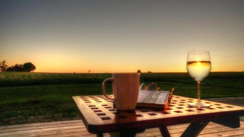 a chess board with a glass of wine on a table at Almbacka Logi in Skivarp