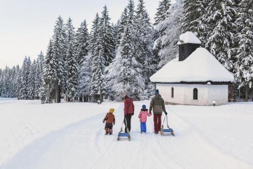 a group of people on skis in the snow at Riversound in Kranjska Gora