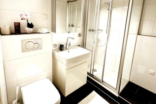 a bathroom with a shower and a toilet and a sink at 2 Zimmer Wohnung für 2 in Mülheim an der Ruhr