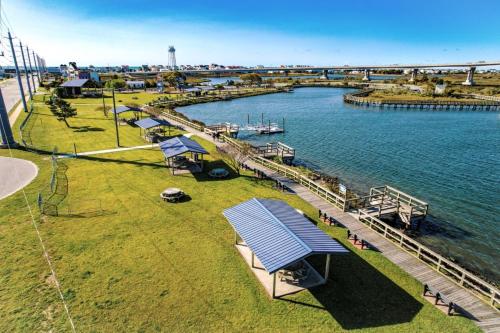 an aerial view of a river with a dock at 104 Queen Pet Friendly Suite, 1st Floor Nest in Surf City