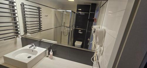 a bathroom with a sink and a mirror at Apartament Czarna Góra TIGNES 34 in Sienna