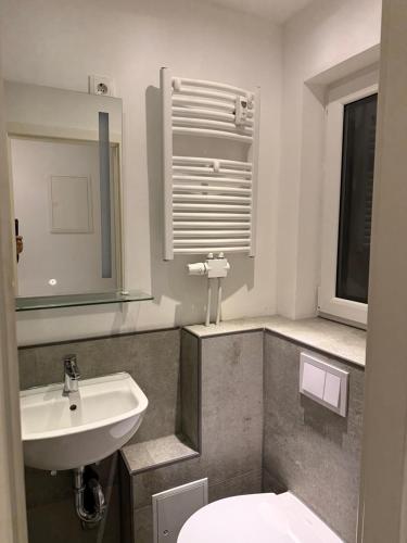 a bathroom with a sink and a toilet and a mirror at Ferienwohnung Centro 2 in Bremerhaven