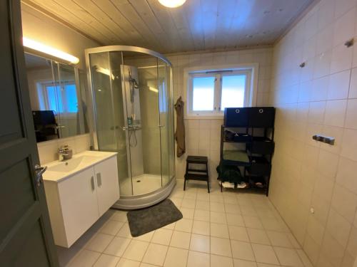 a bathroom with a shower and a sink at Super sentral, flott og solrik leilighet i sentrum in Hemsedal