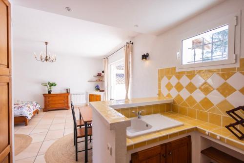 une cuisine avec un évier et une table avec des chaises dans l'établissement Spectacular house, à Vence