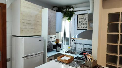 a kitchen with a white refrigerator and a sink at Holiday, business trips in pujos in Hospitalet de Llobregat