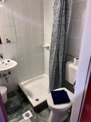 a bathroom with a toilet and a shower and a sink at M1 Laczházy Hotel Coffee & More in Mocsa