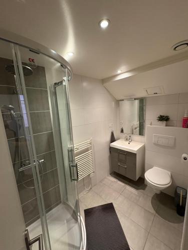 une salle de bain avec une douche, des toilettes et un lavabo dans l'établissement In the heart of Old Nice - 2min. from Cours Saleya and Promenade des Anglais, à Nice