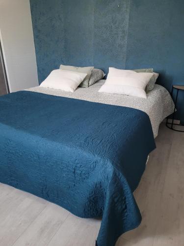 - 2 lits dans une chambre avec une couverture bleue dans l'établissement L'Oliviers Country house, à Cadeilhan