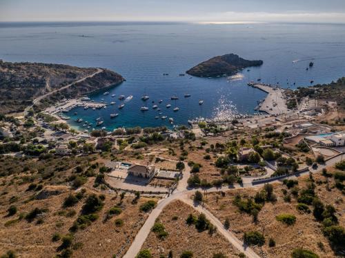 an aerial view of a harbor with boats in the water at Armoi Villas in Agios Nikolaos