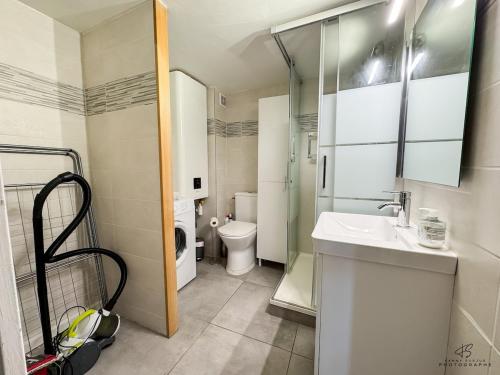 a small bathroom with a toilet and a sink at Le Repaire de Leucate - Confort près de la Plage in Leucate-Plage