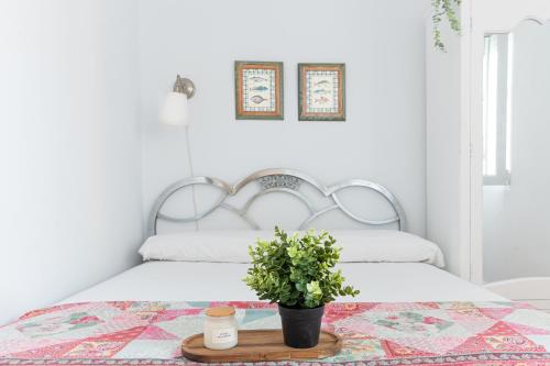 una camera bianca con un letto con una pianta in vaso di Acogedor apartamento junto a la playa a Suances