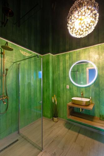a bathroom with a shower and a sink and a mirror at Apartament ACs Studio in Sighişoara