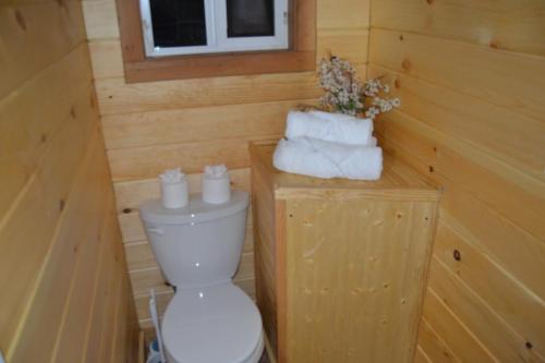 a bathroom with a toilet and a pile of towels at Campfire Cabin, Red River Gorge, KY, River Access & Views in Stanton