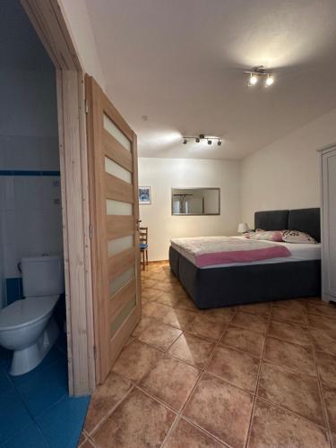 a bedroom with a bed and a bathroom with a toilet at Penzion 4 Dvory in České Budějovice