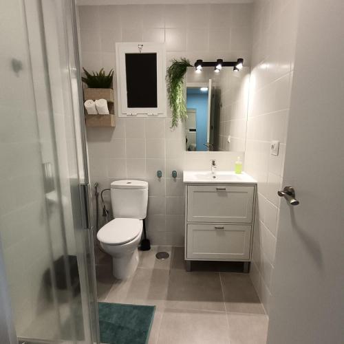 a bathroom with a toilet and a sink and a mirror at Alojamientos KYOMU El Sol in Las Lagunas