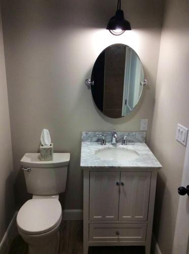 a bathroom with a toilet and a sink and a mirror at Quiet Lake View Firepit, Deck, BBQ, 3 Winery Walk in Essex