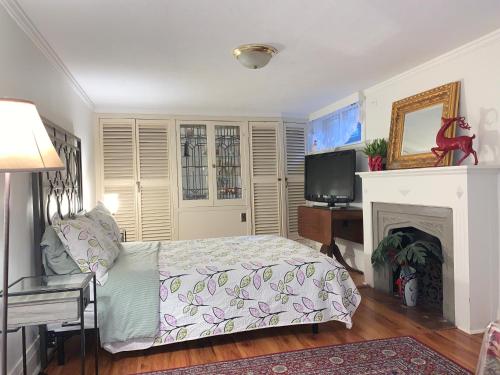 a bedroom with a bed and a fireplace and a television at Charming Bloor West Retreat in Toronto
