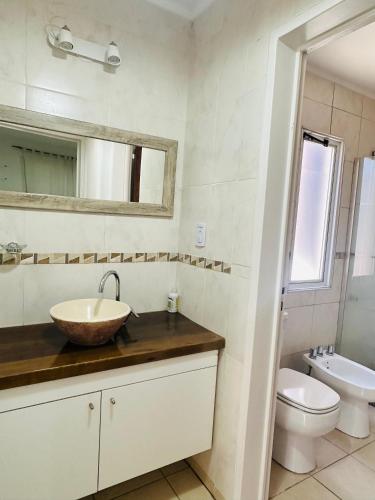 a bathroom with a sink and a toilet and a mirror at Pueblo Dorado in Malargüe