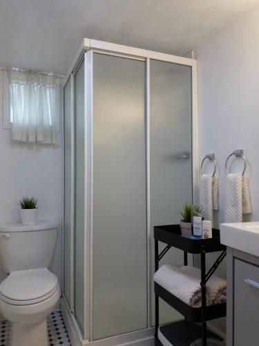 a bathroom with a shower with a toilet and a sink at Charming Bloor West Retreat in Toronto