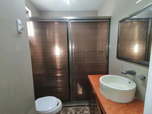 a bathroom with a sink and a toilet and a shower at Apartment near hospitals in Campeche