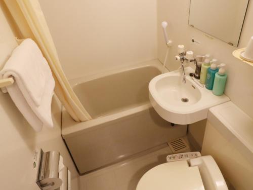 a small bathroom with a sink and a toilet at Hotel Route-Inn Yokote Inter in Yokote