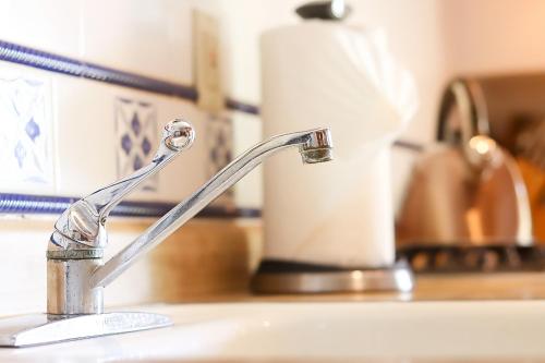 a sink with a faucet and a roll of paper towels at 1 BR Orchard Cottage - Gateway to Two National Parks! in Visalia