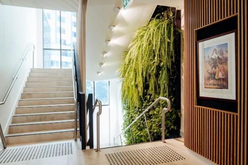 a staircase with a large green plant on the wall at Mary MacKillop Place in Sydney