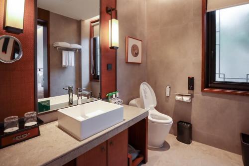 YuyaoにあるYuyao Yangmingguan Hotelの洗面台とトイレ付きのバスルーム