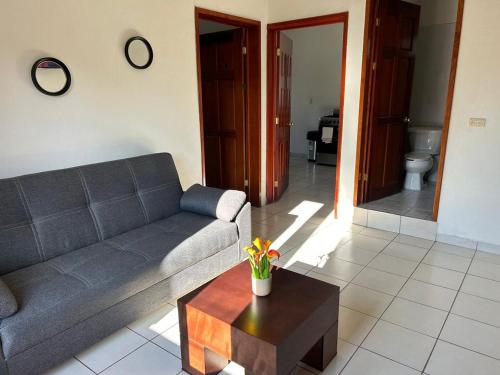 un salon avec un canapé et une table basse dans l'établissement Apartamentos en el centro con vistas a la iglesia y al andador, à Calvillo