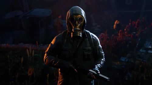 a man in a gas mask holding a gun at Chhetri Homestay in Rhenok