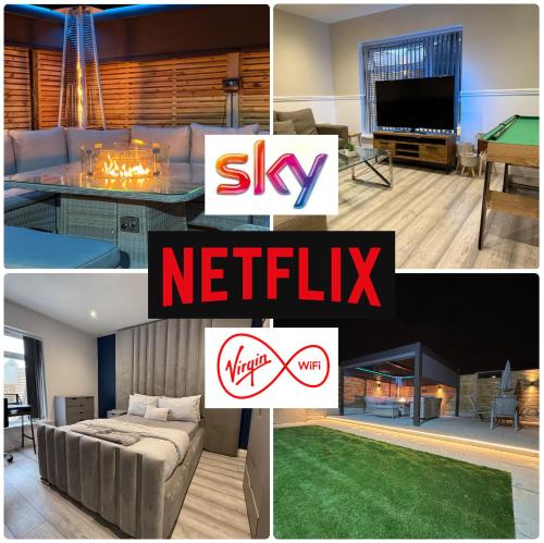 a collage of photos of a living room and a tv at 5 Bed Town House With Additional Luxury Hot Tub And Within City Centre And Sleeps Up To 11 With Sky And Netflix in Birmingham