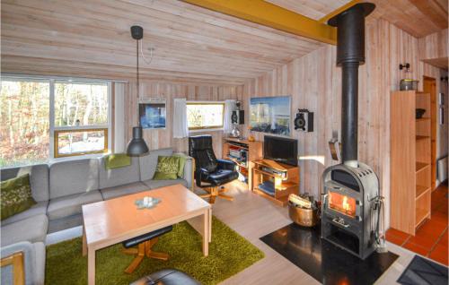 a living room with a couch and a wood stove at Holiday Home Kalvehavestien Glesborg Vi in Fjellerup Strand