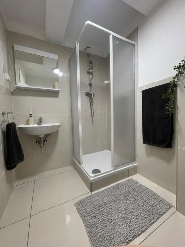 a bathroom with a shower and a sink at Gemütliches Appartement 5 - mit Küche und Bad zur Eigennutzung -Schuster Homes- in Vechelde