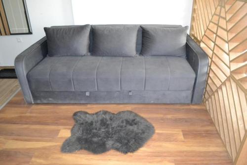 a grey couch in a living room with a furry rug at A 14 President Kopaonik in Raška
