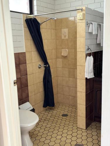 a bathroom with a shower and a toilet at Bakery Park Motor Inn in Tocumwal
