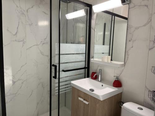 une salle de bain avec un lavabo et une douche en verre dans l'établissement le mediterranee vasapolli, à Fréjus