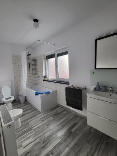 a bathroom with a toilet and a sink and a mirror at Casa Magurele 1 in Măgurele