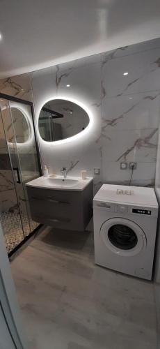 une salle de bain avec un lavabo et une machine à laver dans l'établissement Baccarat, à Fréjus