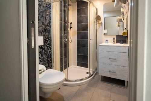 a bathroom with a shower and a toilet and a sink at Hotel La Tuiliere in Carry-le-Rouet