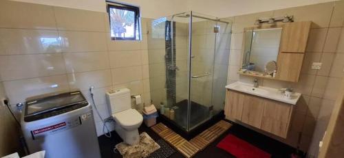 Appartement Pte aux Canonniers في بوانت أو كانونيرس: حمام مع دش ومرحاض ومغسلة