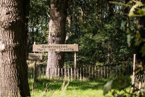 a sign that reads bellingham that war deficit next to trees at Graspieper I Vrijstaand Huisje met Brede Tuin in Zwiggelte